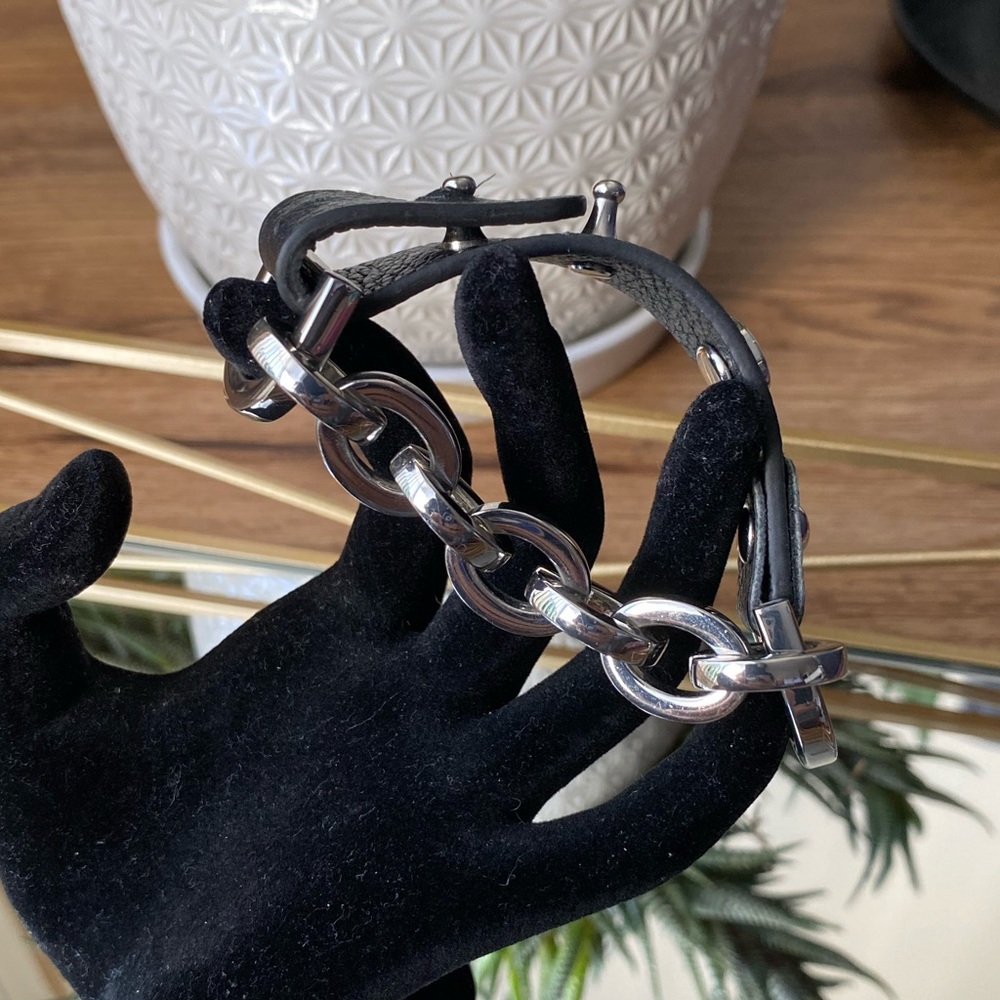 SKINNY black leather and silver tone adjustable bracelet